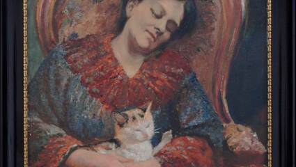 Porträt Mina Barthel (1871-1941) mit Katze, Paul Barthel (1862–1933), zwischen 1922 und 1933; Öl auf Leinwand; Historisches Museum Bamberg, Inv. Nr. 1175